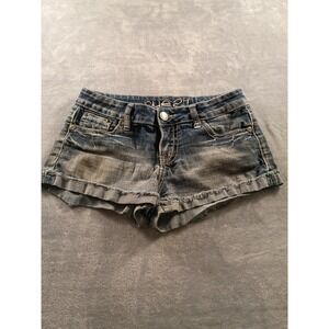 Rue21 Denim Shorts Juniors 7/8 Blue Cutoff Rhinestone Cross Pockets Stretch